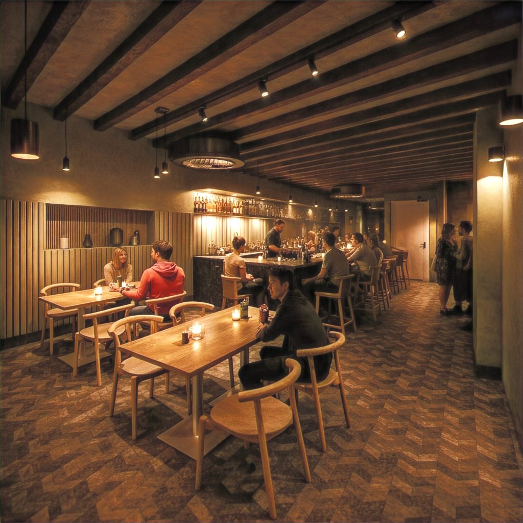 Evening render: dining room and bar at night, candlelit tabl